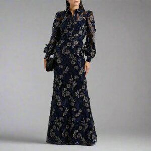 Badgley Mischka black, navy, and plum floral sequin dress, size 6